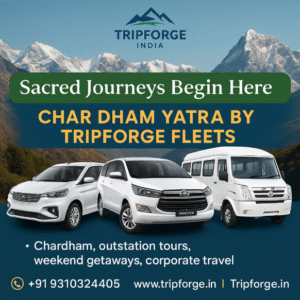 TripForge India tourist vehicle parked with scenic North India mountains in the background – representing premium fleet services from Delhi.